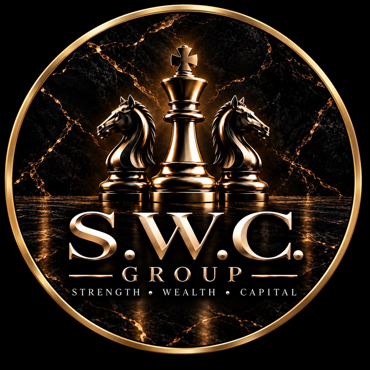 S.W.C. Group chess emblem with Strength, Wealth, Capital motto